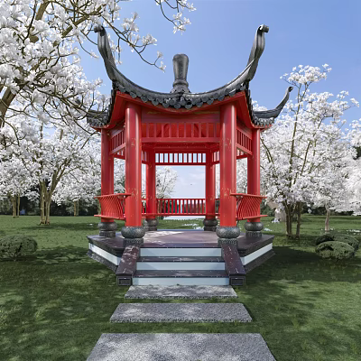 Red Traditional Chinese Pavilion With Stone Steps Among White Flowering Trees And Green Lawn 3d model