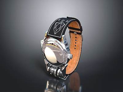 Elegant Leather Watch With Black Strap White Diamond Pattern And Silver Dial 3d model