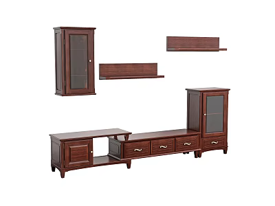 Wooden TV Stand Set With Cabinet Drawers And Wall Mounted Shelves 3d model