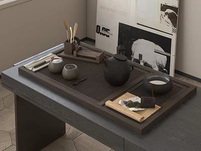 Traditional Chinese Tea Set with Wooden Tray on Tea Table Featuring Ceramic Teapot and Teacups 3d model