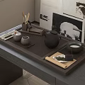 Traditional Chinese Tea Set with Wooden Tray on Tea Table Featuring Ceramic Teapot and Teacups