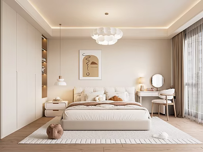 Modern Cozy Bedroom Interior With King Size Bed Pendant Light And Area Rug 3d model