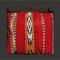 Wooden Dining Chair With Carved Openwork Design And Red Cushion With Colorful Patterns