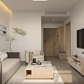 Hotel Public Lounge Area with White Walls Gray Curtains Sunlight TV Sofa and Coffee Table