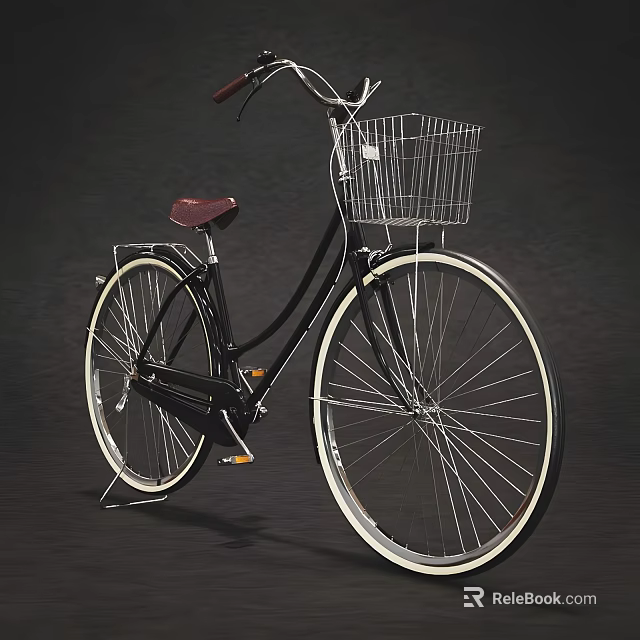 Vintage Black Bicycle With Maroon Seat Wire Basket And White Wall Tires 3d model 