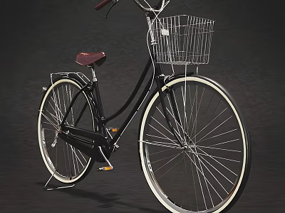 Vintage Black Bicycle With Maroon Seat Wire Basket And White Wall Tires 3d model