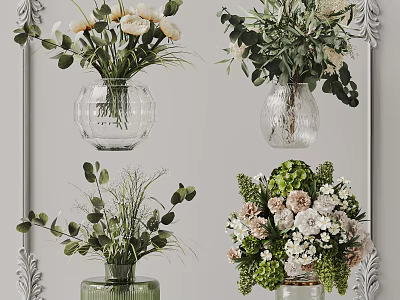 Decorative Glass And Ceramic Vases With White Flowers Green Plants Mixed Floral Arrangements 3d model
