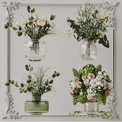 Decorative Glass And Ceramic Vases With White Flowers Green Plants Mixed Floral Arrangements 3d model