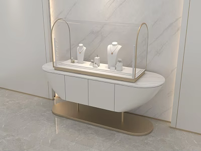 Elegant Modern Jewelry Store With White Display Cabinet Gold Frame And Marble Wall 3d model