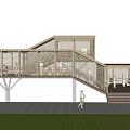 Modern Wooden Road Facility Walkway With Staircase Platform And People Walking On Grassland