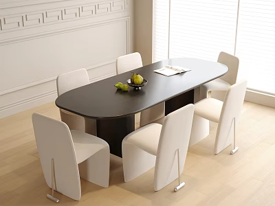 Stylish Modern Dining Table And Chairs Set With Black Table White Chairs And Wooden Floor 3d model