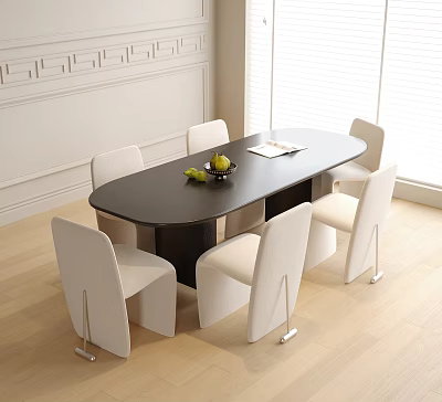 Stylish Modern Dining Table And Chairs Set With Black Table White Chairs And Wooden Floor 3d model