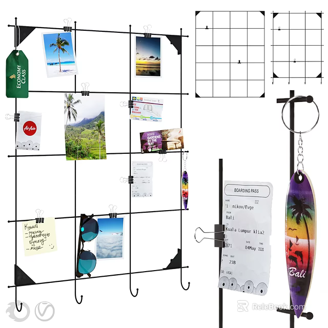 Creative Photo Grid Wall with Hanging Photos Tags Notes and Surfboard Keychain 3d model 