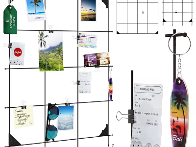 Creative Photo Grid Wall with Hanging Photos Tags Notes and Surfboard Keychain 3d model