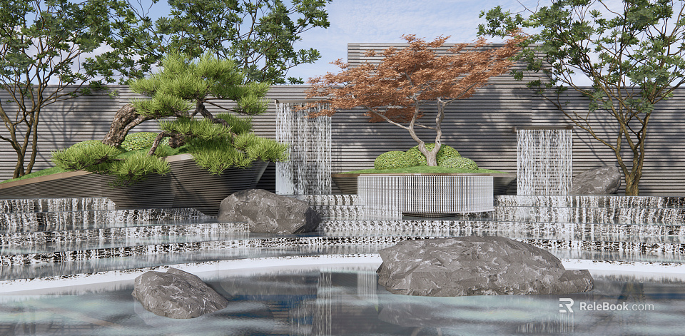 Modern Landscape Feature Wall with Waterfall Rocks Trees and Reflecting Pool 3d model 