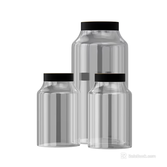 Transparent Glass Bottles With Black Caps In Various Sizes For Storage Use 3d model 