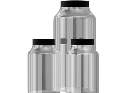 Transparent Glass Bottles With Black Caps In Various Sizes For Storage Use 3d model