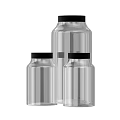Transparent Glass Bottles With Black Caps In Various Sizes For Storage Use