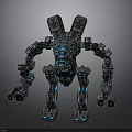 Mechanical Robot With Blue Illuminated Armor And Detailed Weapon Parts