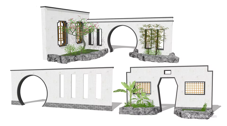 Scenic Wall Design With White Walls Arched Doorways Windows And Plants On Stone Bases 3d model 