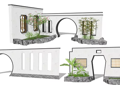 Scenic Wall Design With White Walls Arched Doorways Windows And Plants On Stone Bases 3d model