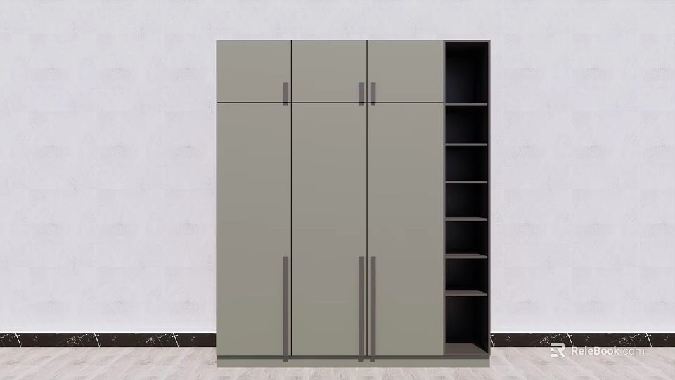 Modern Gray Wardrobe With Multiple Doors And Open Storage Shelves 3d model