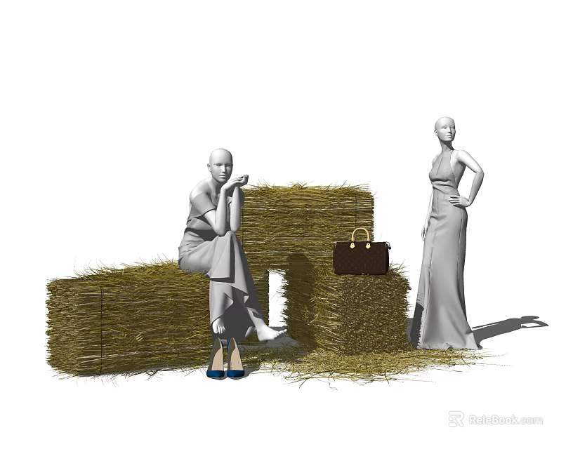 Fashion Models in Sitting and Standing Poses Wearing Long Dresses With Hay Bales and Handbag 3d model 