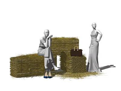 Fashion Models in Sitting and Standing Poses Wearing Long Dresses With Hay Bales and Handbag 3d model