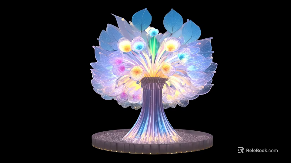 Illuminated Art Installation with Colorful Lights Blue Purple Leaf Design and Circular Base 3d model 