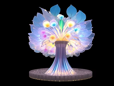 Illuminated Art Installation with Colorful Lights Blue Purple Leaf Design and Circular Base 3d model