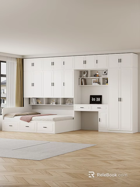 Modern Tatami Bedroom Interior With White Built-in Wardrobes Drawers Desk Computer And Bookshelf 3d model 