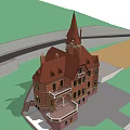 European Architecture With Red Brick Exterior Pointed Tower Arched Windows And Ornate Details