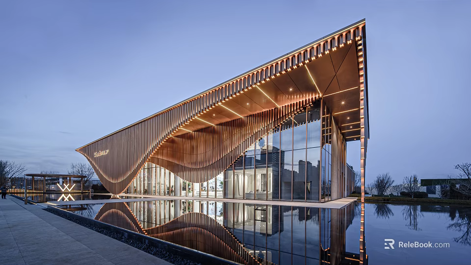 Modern Sales Office Building With Curved Metal Facade Glass Curtain Wall And Water Reflection 3d model 