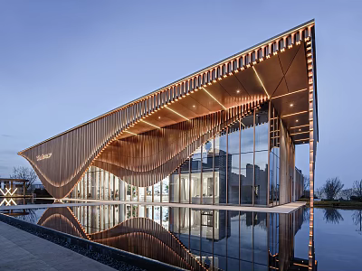 Modern Sales Office Building With Curved Metal Facade Glass Curtain Wall And Water Reflection 3d model