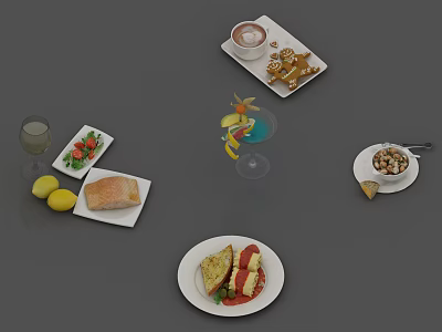 Assorted Fresh Food Platter With Sandwiches Fruits Drinks Cookies Salad And Lemons 3d model