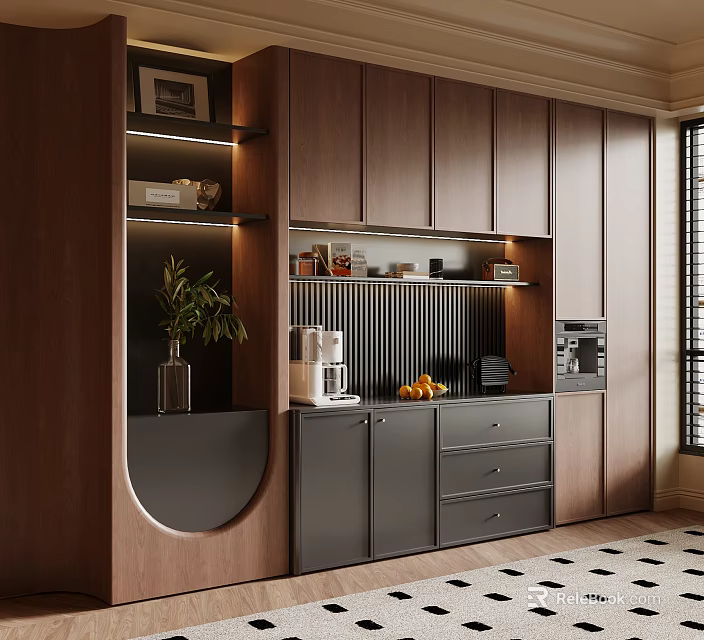 Modern Wooden Sideboard with Gray Doors Drawers Open Shelves Built-in Appliances and Plants 3d model 