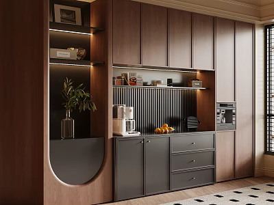 Modern Wooden Sideboard with Gray Doors Drawers Open Shelves Built-in Appliances and Plants 3d model