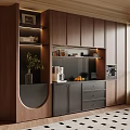 Modern Wooden Sideboard with Gray Doors Drawers Open Shelves Built-in Appliances and Plants