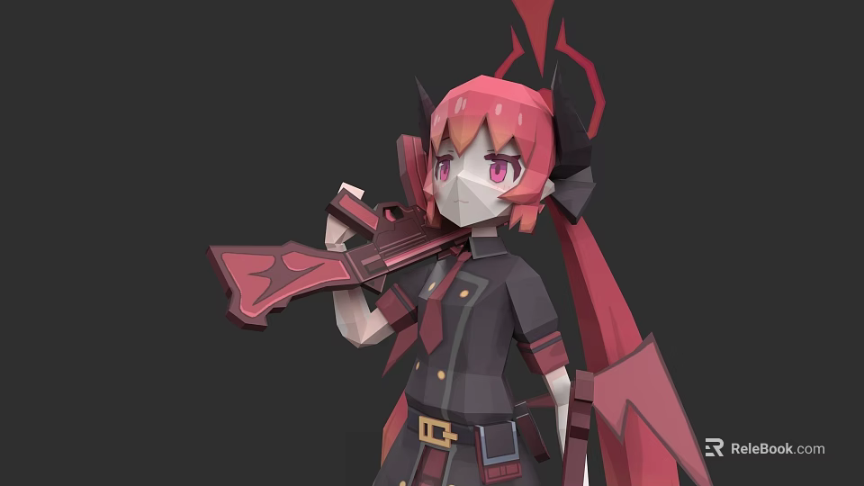Anime Game Character With Pink Twin Tails Horns Black Uniform And Red Weapon 3d model 