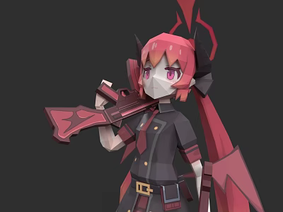 Anime Game Character With Pink Twin Tails Horns Black Uniform And Red Weapon 3d model