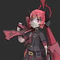 Anime Game Character With Pink Twin Tails Horns Black Uniform And Red Weapon