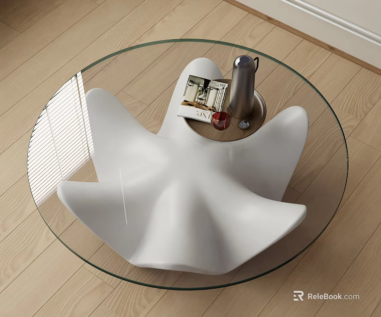 Stylish Round Coffee Table With Glass Top White Sculptural Base Magazine And Decorative Bottle 3d model 
