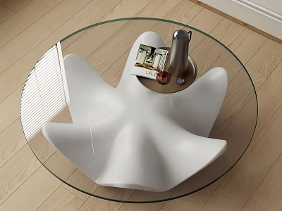 Stylish Round Coffee Table With Glass Top White Sculptural Base Magazine And Decorative Bottle 3d model