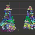 Cartoon Style Fairy Tale Houses With Colorful Roofs Tower Structures And Clock Details