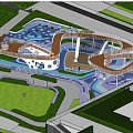 Colorful Garden Landscape With Winding White Walkway Blue Pink Pavement Trees And Play Facilities