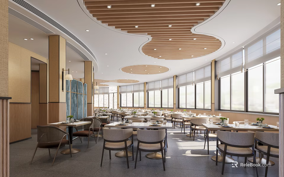 Modern Restaurant Interior With Circular Wooden Ceiling Large Windows And Tables Chairs 3d model 