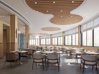 Modern Restaurant Interior With Circular Wooden Ceiling Large Windows And Tables Chairs 3d model