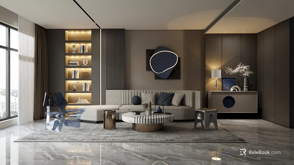 Modern Living Room Interior With Light Gray L-shaped Sofa Round Coffee Table And Decorative Painting 3d model 