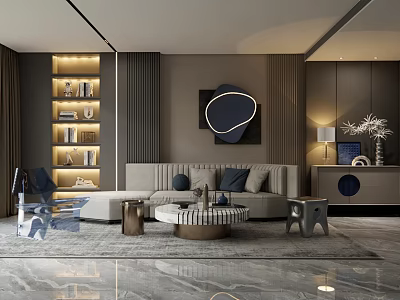 Modern Living Room Interior With Light Gray L-shaped Sofa Round Coffee Table And Decorative Painting 3d model