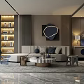 Modern Living Room Interior With Light Gray L-shaped Sofa Round Coffee Table And Decorative Painting